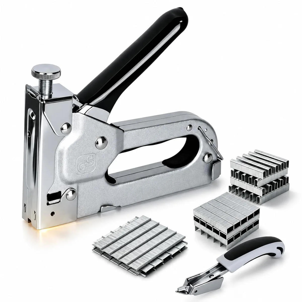 Silver and black manual staple gun with ergonomic grip, staple remover and three staple types