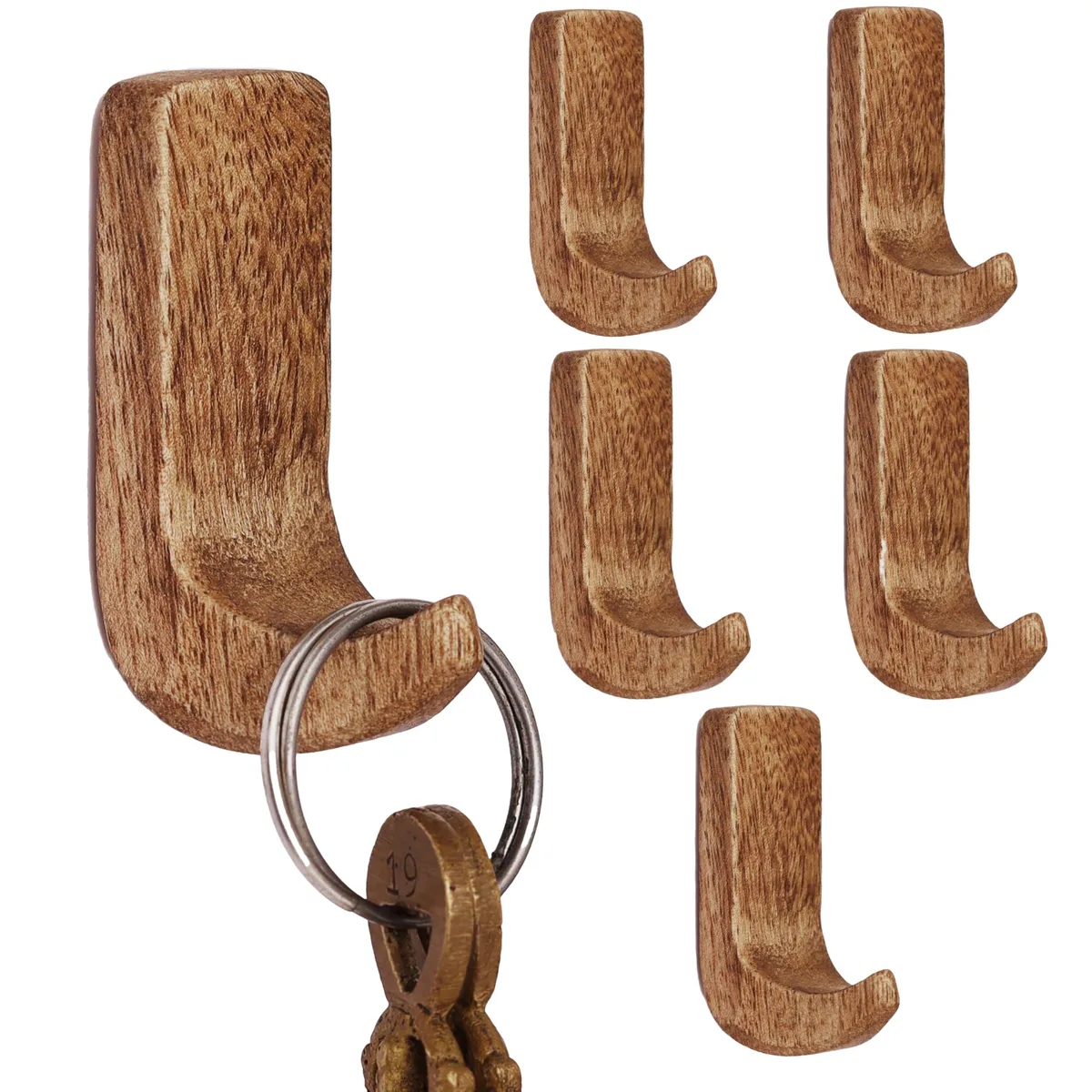 Six small brown wooden hooks with adhesive strips