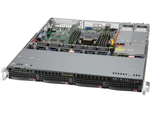 Silver 1U rackmount server chassis with four front hot-swap drive bays