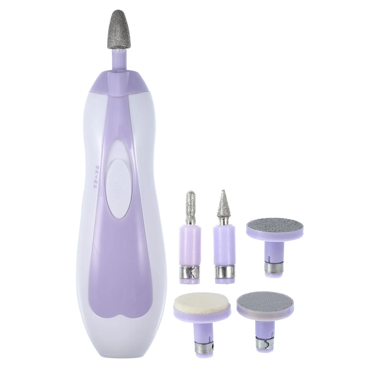 Purple plastic electric nail file set with attachments in nylon pouch