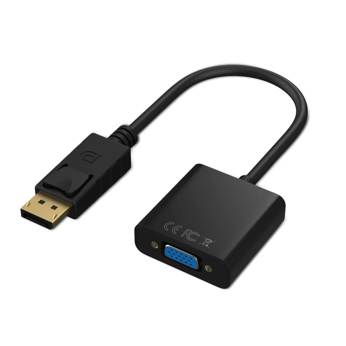 Black DisplayPort to VGA adapter, compact rectangular dongle with male DP plug and female VGA port, matte finish, 25 cm long
