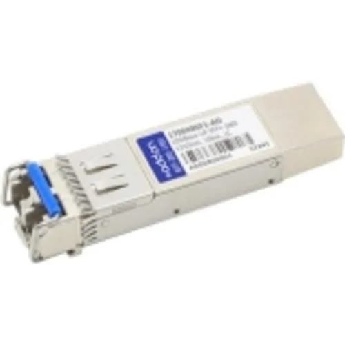 Small rectangular SFP+ transceiver module, matte metal finish, single LC port, side label with model number