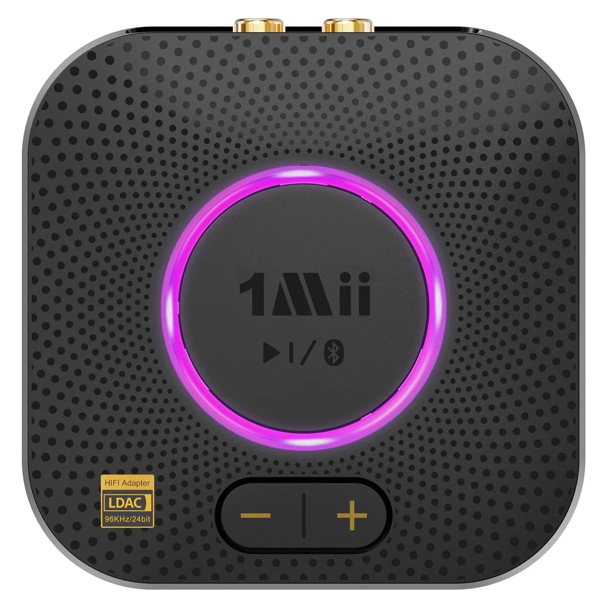 Compact black Bluetooth 5.3 receiver with volume knob and RCA 3.5mm outputs
