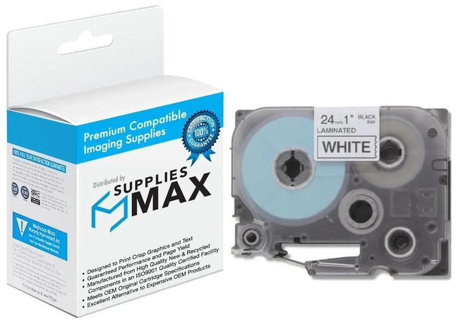 SuppliesMax SuppliesMax TZE-251 Compatible Label Tape 24mm x 8m Black on White — product photo