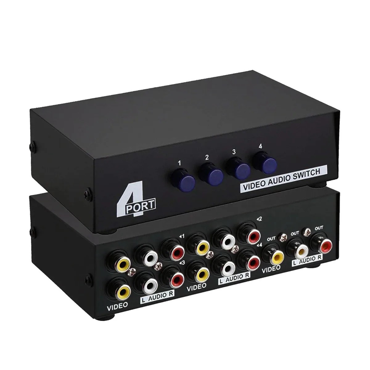 Small black metal box with four RCA input ports and one output port on the back, push button on front