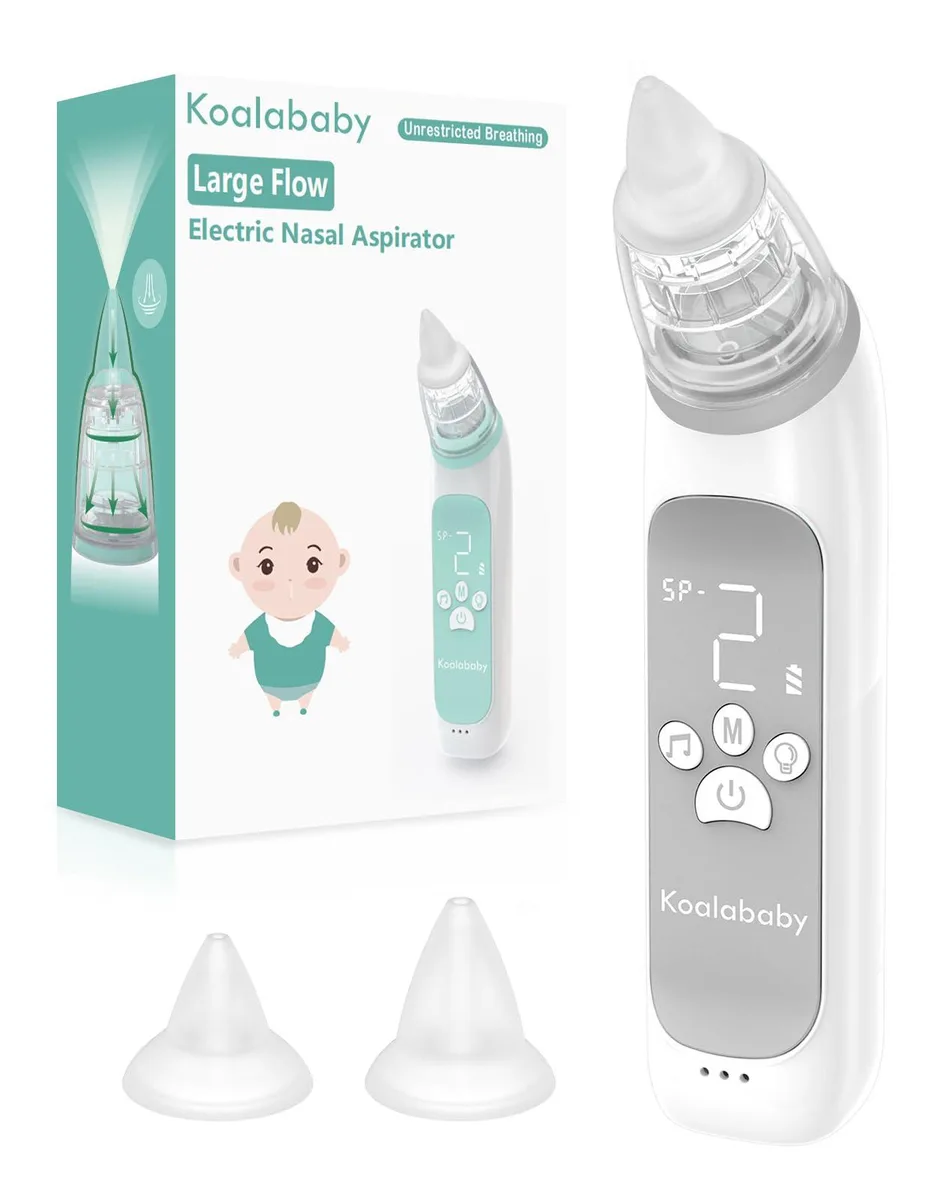 Light grey handheld nasal aspirator with silicone tip and travel case