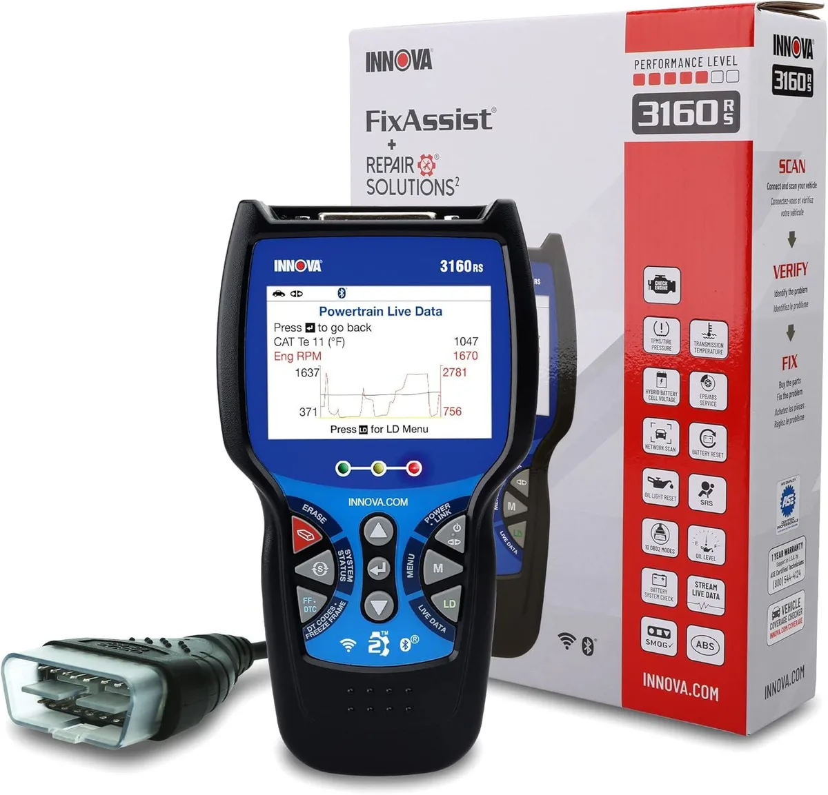 Handheld OBD2 scanner with colour display and cable