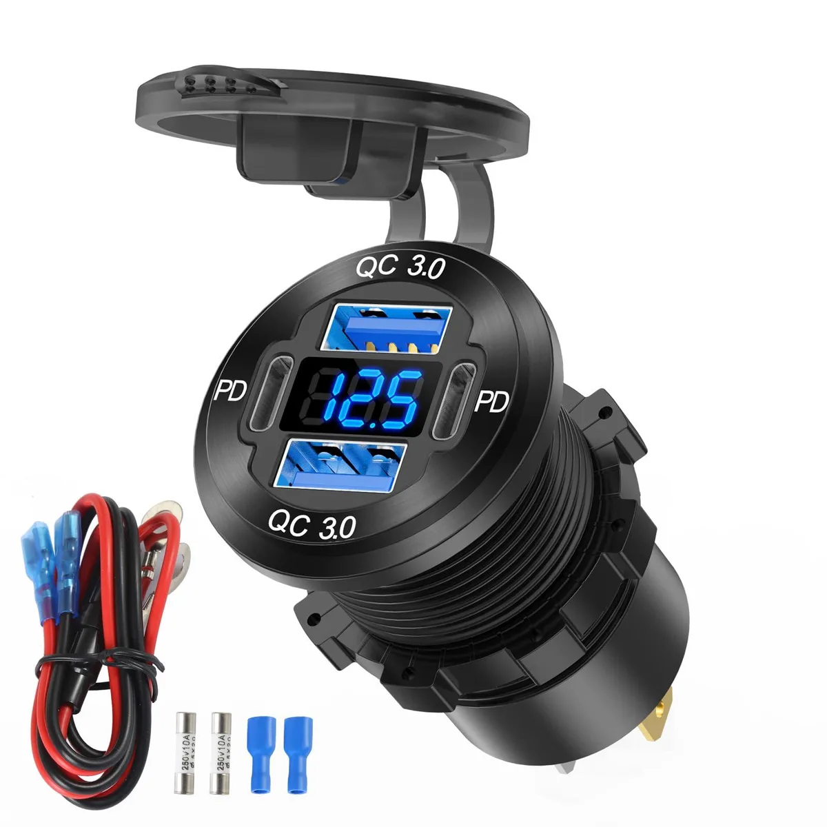 Dell 78W 12V 4-Port USB-C Car Charger PD30W QC18W Voltmeter — product photo