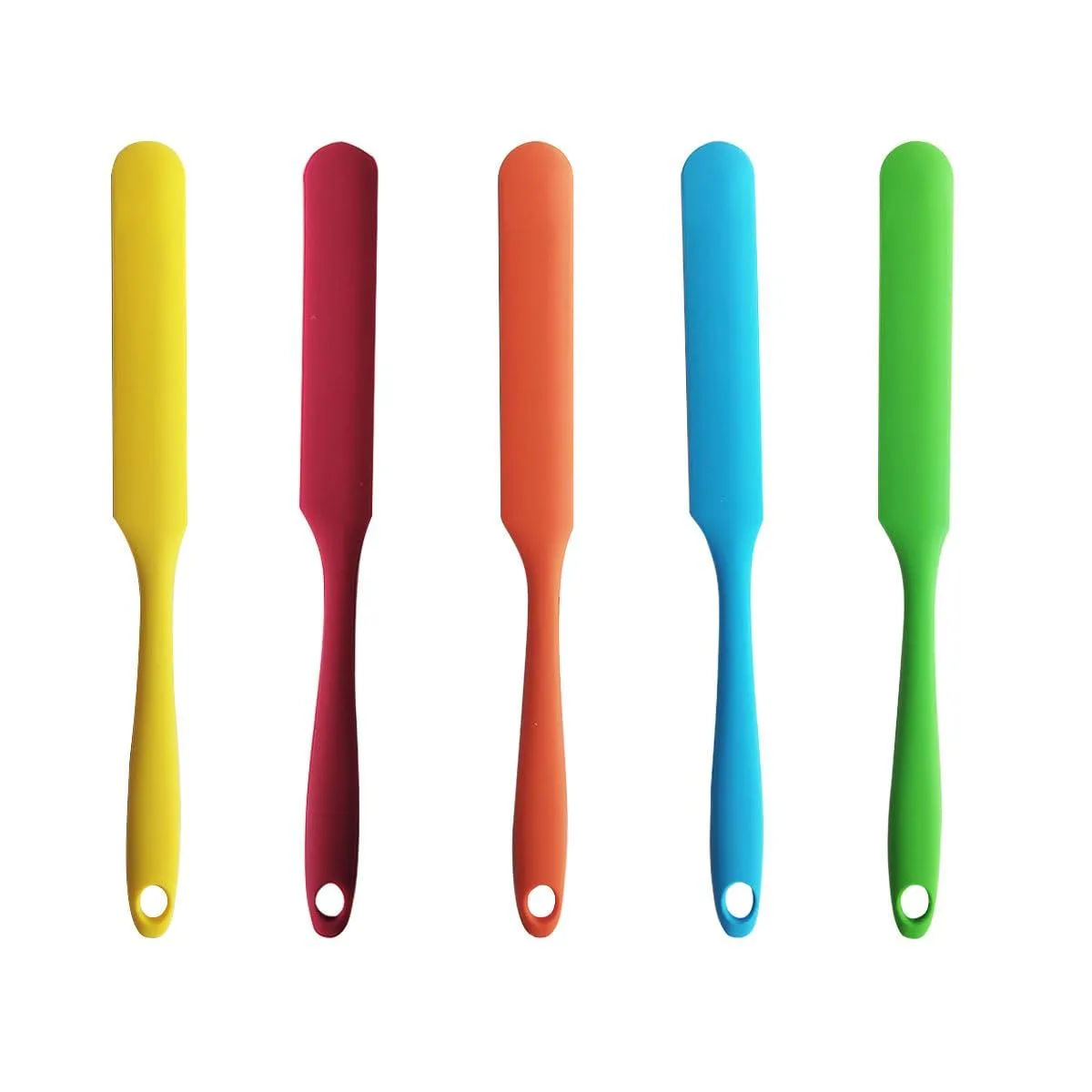 Five silicone spatulas in red, orange, blue, green and yellow, 9.5 inch long handles with hanging holes