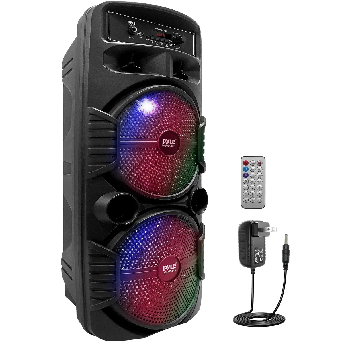  Pyle PPHP2835B 600W PA speaker dual 8" sub 1" tweeter Bluetooth USB FM mic — product photo
