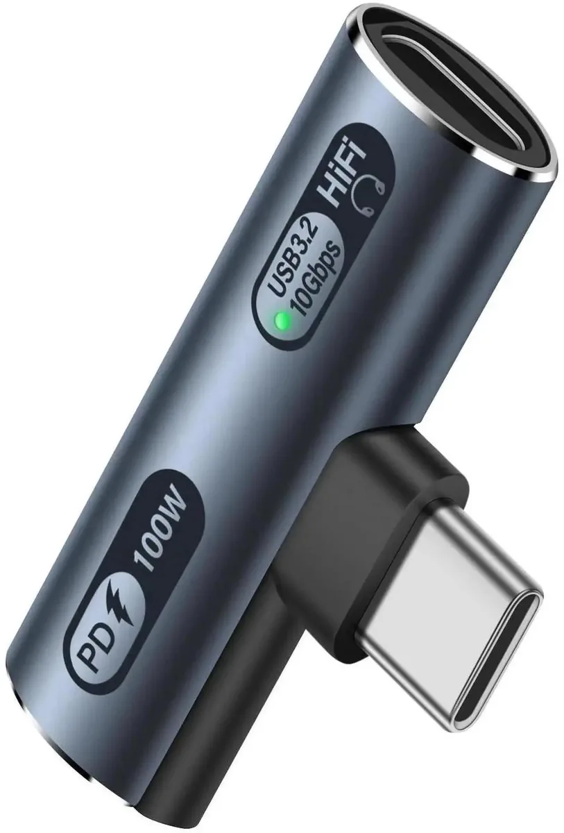 Gray USB-C dongle with audio jack and USB-C ports