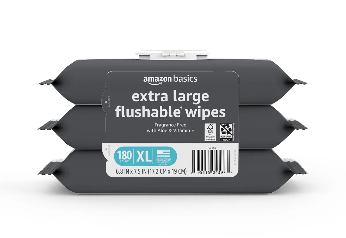  Amazon Basics Extra Large Flushable Wipes Fragrance Free pH Balanced Vitamin E Aloe 60 Count 3 Pack 180 Total — product photo