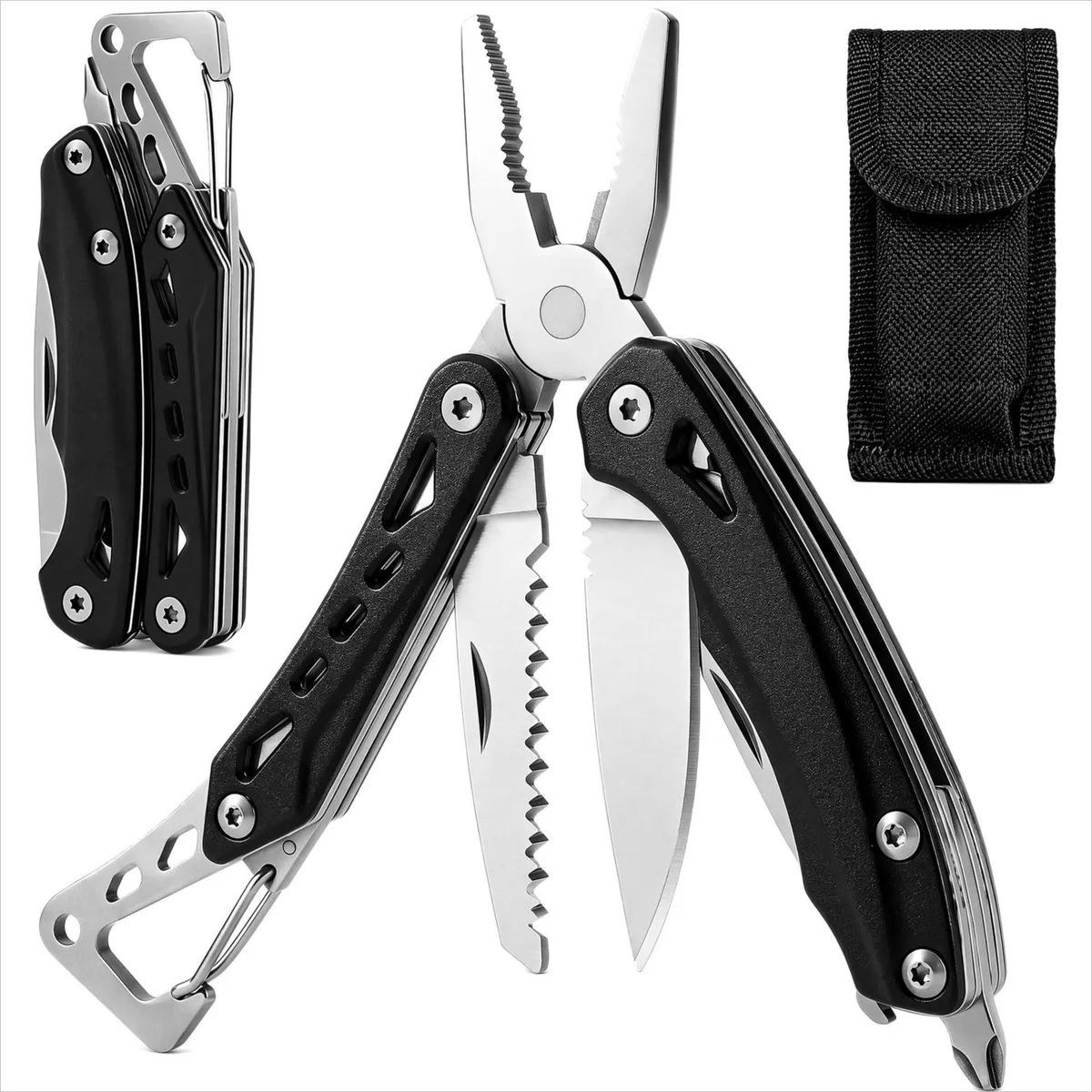 Twelve stainless multitool pliers with topographical print handles, 5 by 3.5 by 1.75 inches