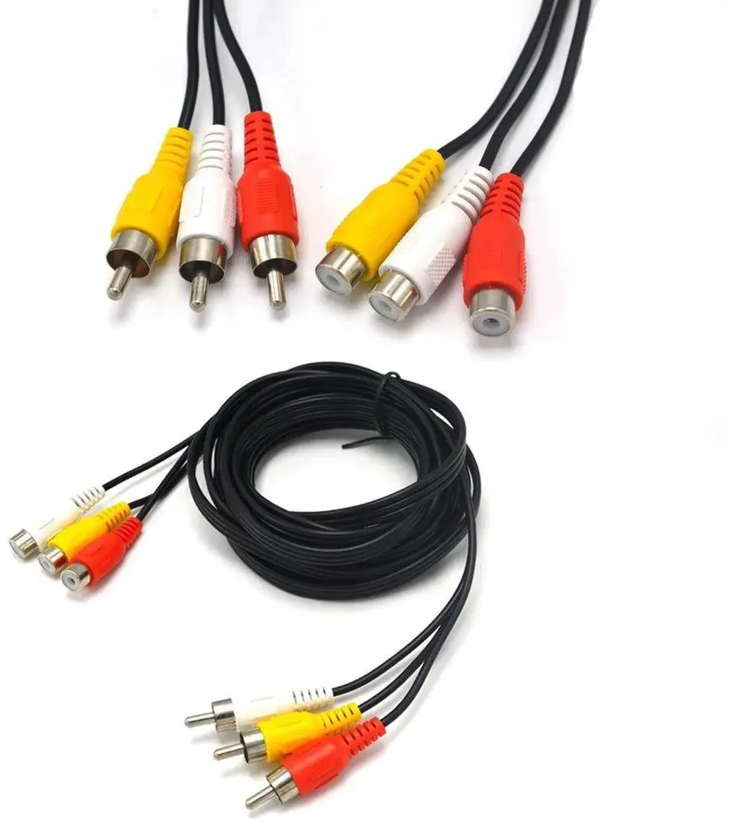 15ft 3RCA male to female composite cable with yellow red white color-coded molded connectors