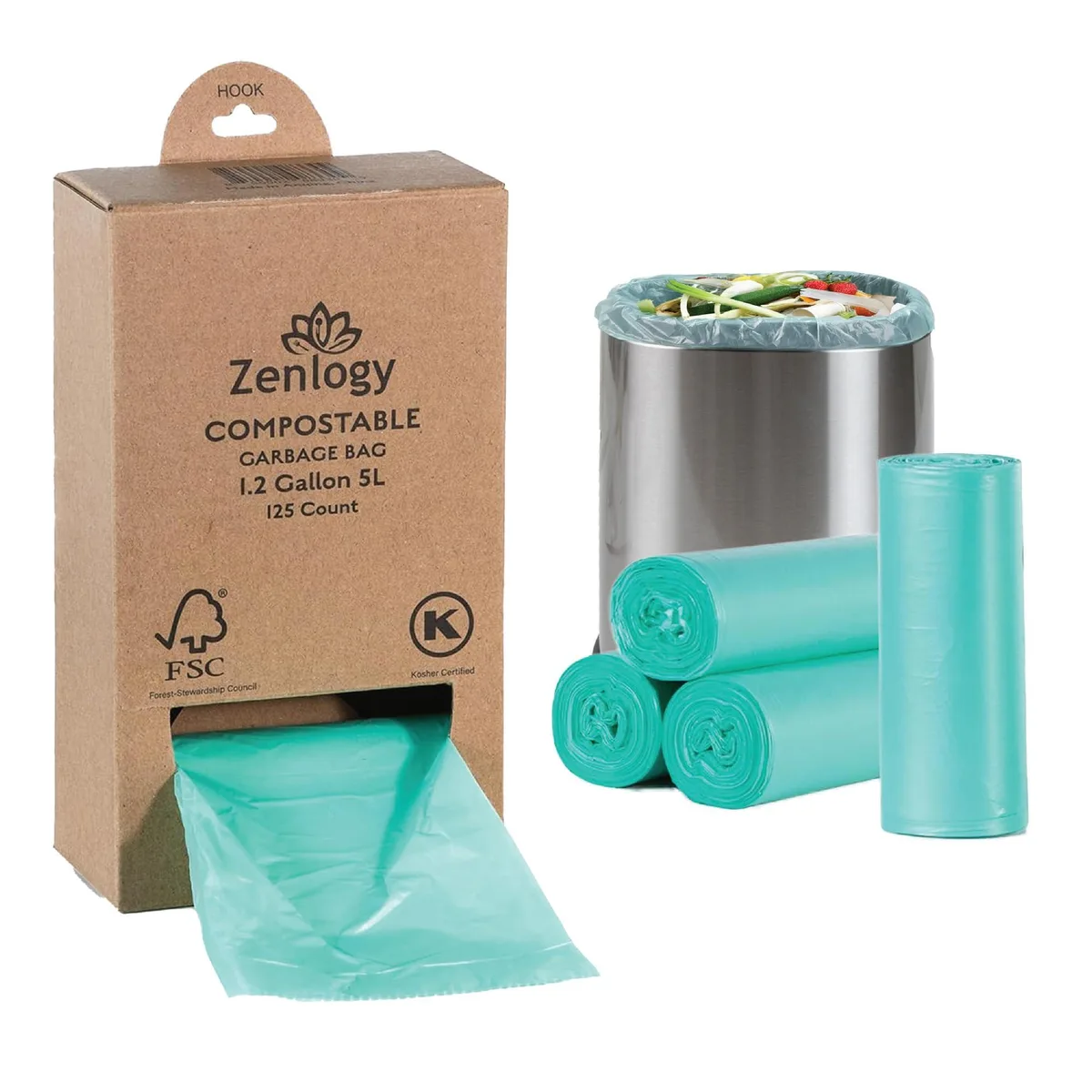 Green compostable trash bags in a 125-count pack