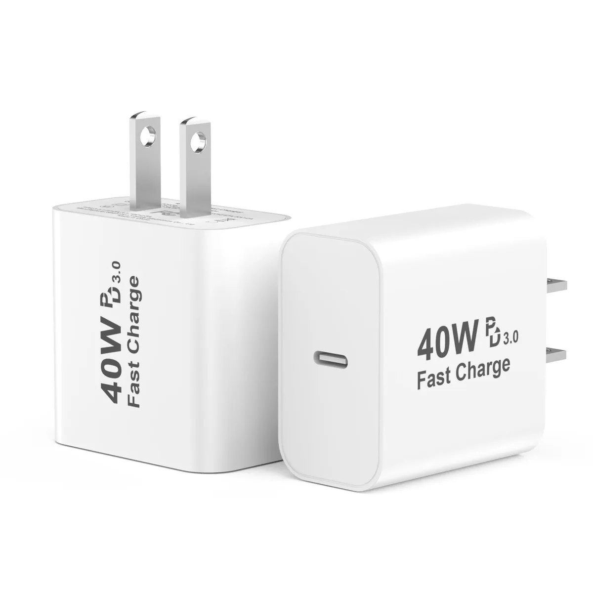 Two white rectangular USB-C wall chargers with foldable prongs side by side