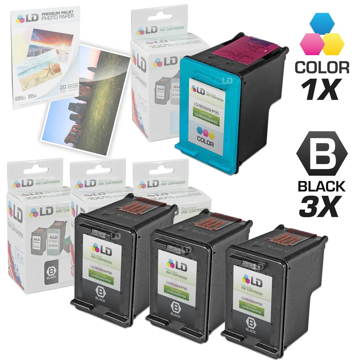 LD Products LD Products HP 98 Black &amp; 95 Color Ink Cartridges 3+1 with 20 Photo Paper — product photo