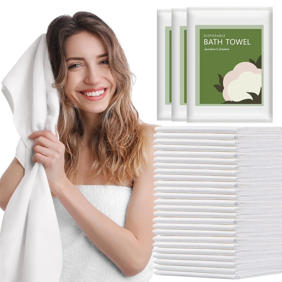 Stack of 25 compressed white microfiber bath towels, each 55 by 27.5 inches