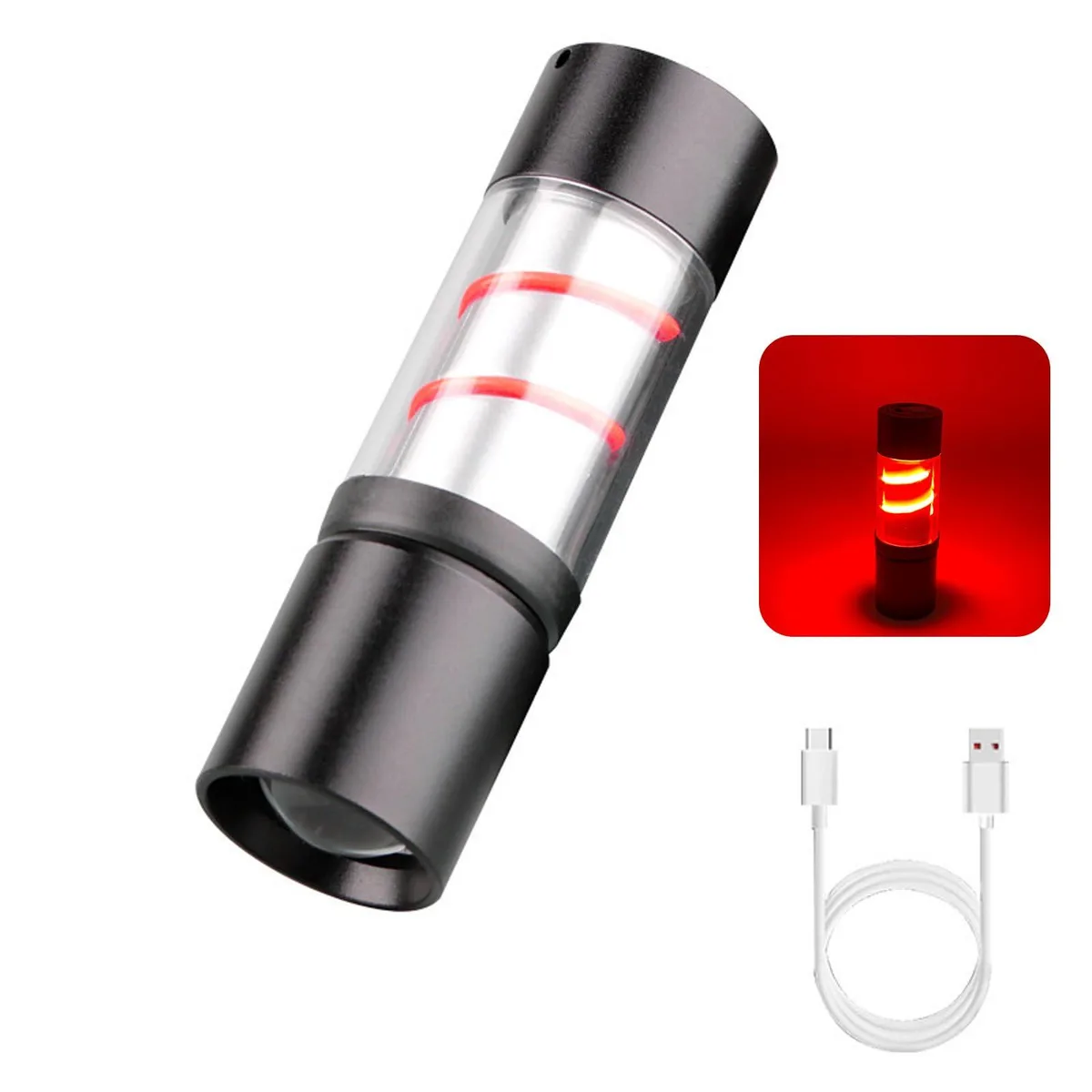 Red aluminum flashlight 3.75 inches long with zoomable head and USB port