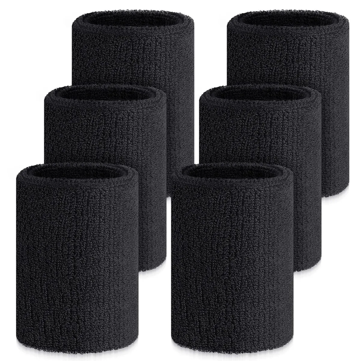 Six black cotton elastic wrist bands, each about four by three point one five inches