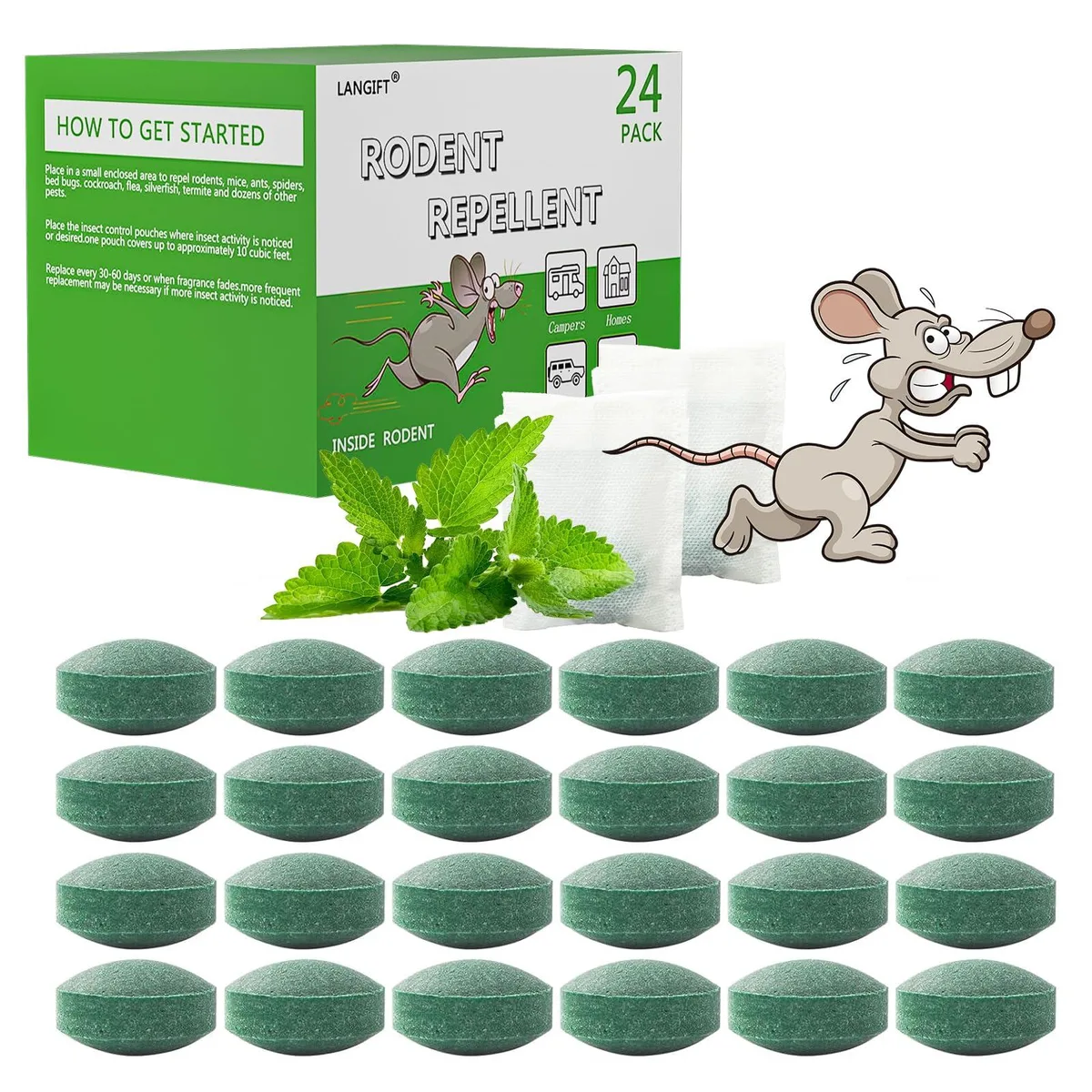 Twenty-four peppermint oil repellent pouches in white mesh bags