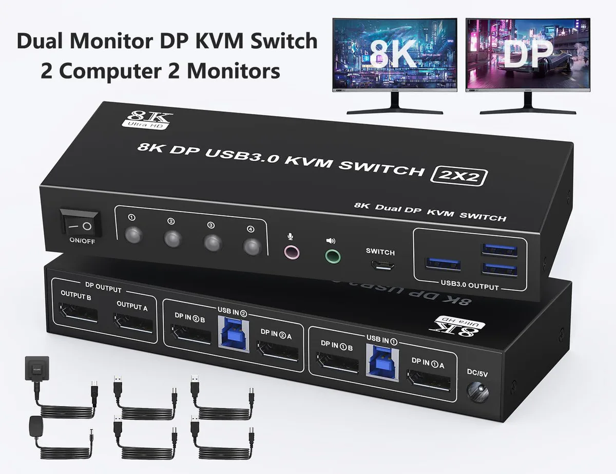 IHDAPP IHDAPP 2-Port Dual Monitor DisplayPort KVM Switch 8K@60Hz 4K@144Hz 3×USB 3.0 Audio Wired Remote — product photo