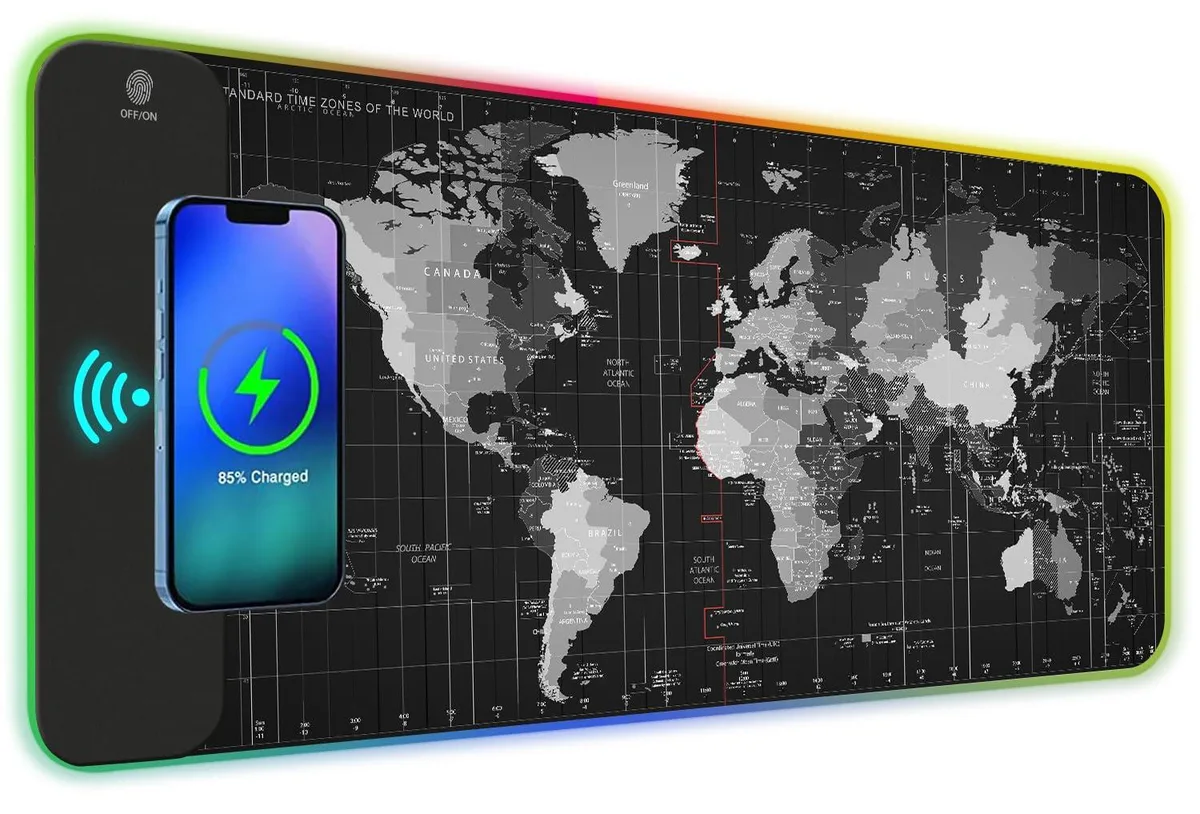 KEHIPI KEHIPI Wireless Charging RGB Mouse Pad 15W 800x300mm Black World Map — product photo