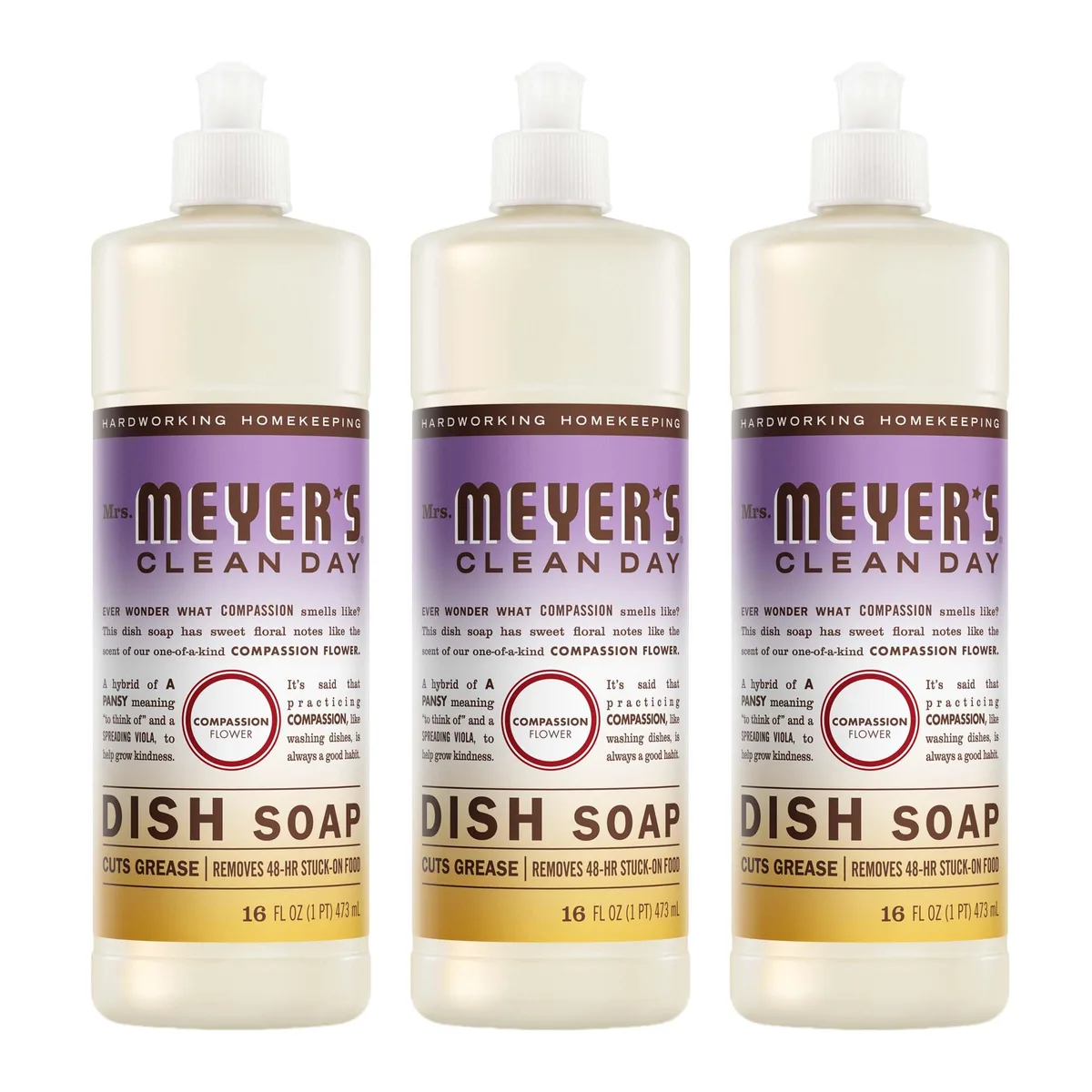 Three 16 fl oz bottles of liquid dish soap in Compassion Flower scent
