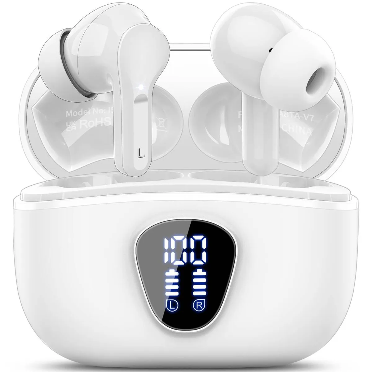 White in-ear wireless earbuds with charging case and LED display