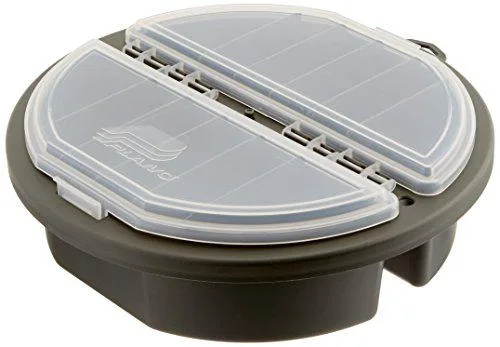 Green plastic round box with eighteen clear compartments and moulded tension closure