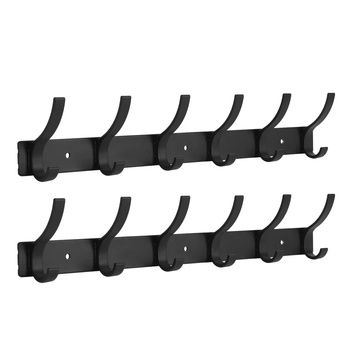Two black wall-mounted coat racks with twelve rounded hooks each, matte aluminium finish