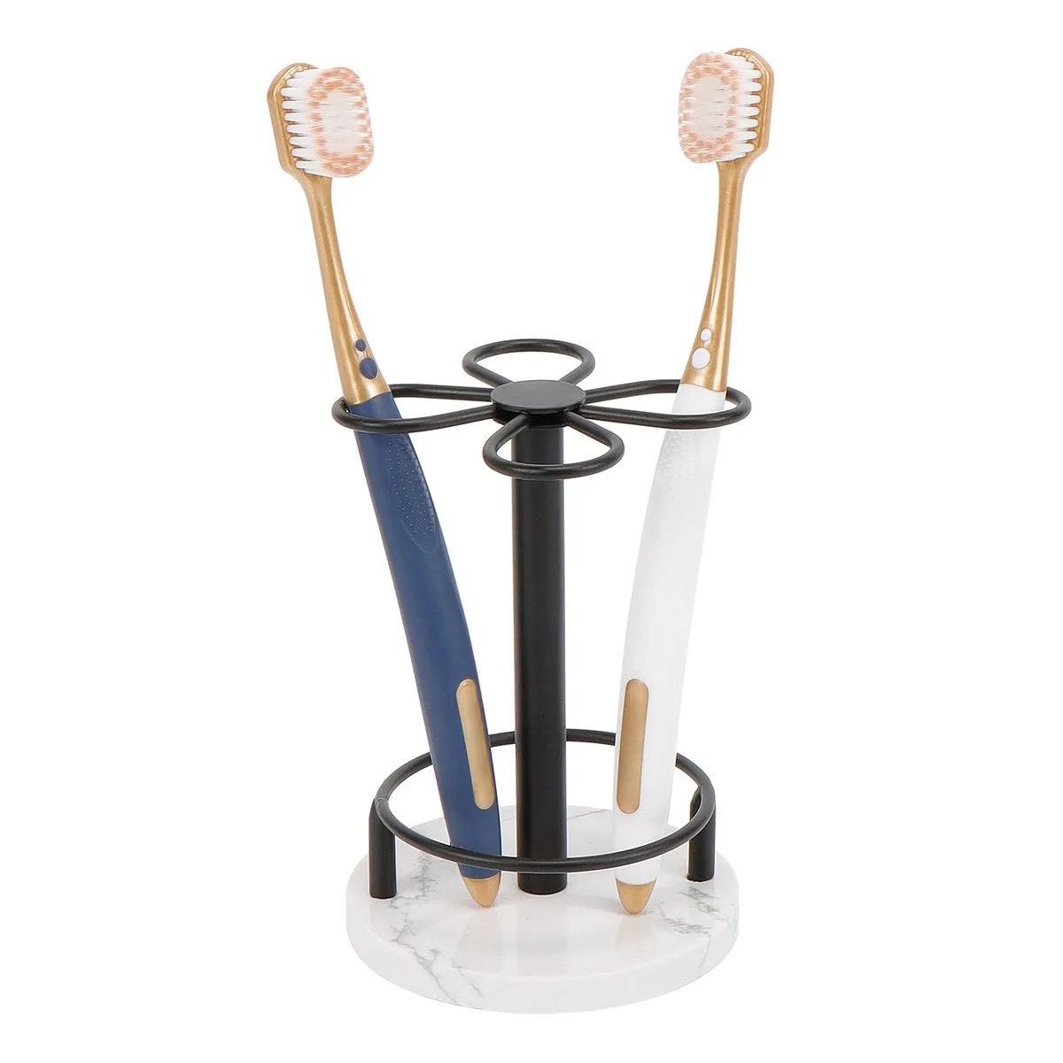 Matte black four-leaf clover metal frame on white marble base, 15 inches tall