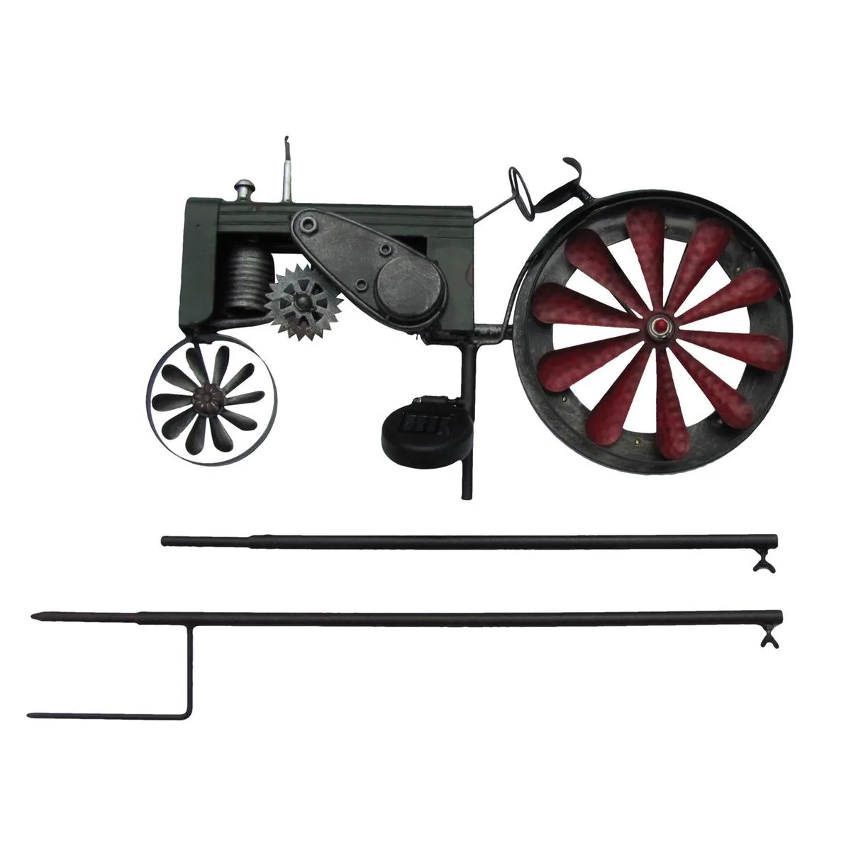 Metal garden tractor wind spinner with solar LED wheel lights powder coated finish 61 inches tall 19 1/2 inches wide