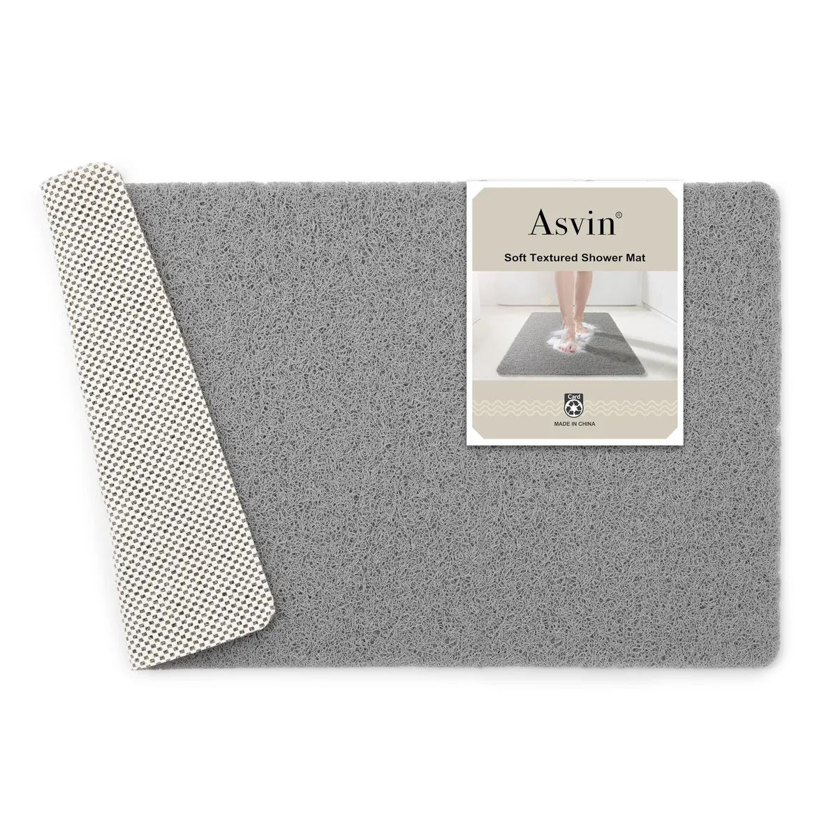 Rectangular grey PVC bath mat, 24 by 16 inches, textured loofah surface with drain holes