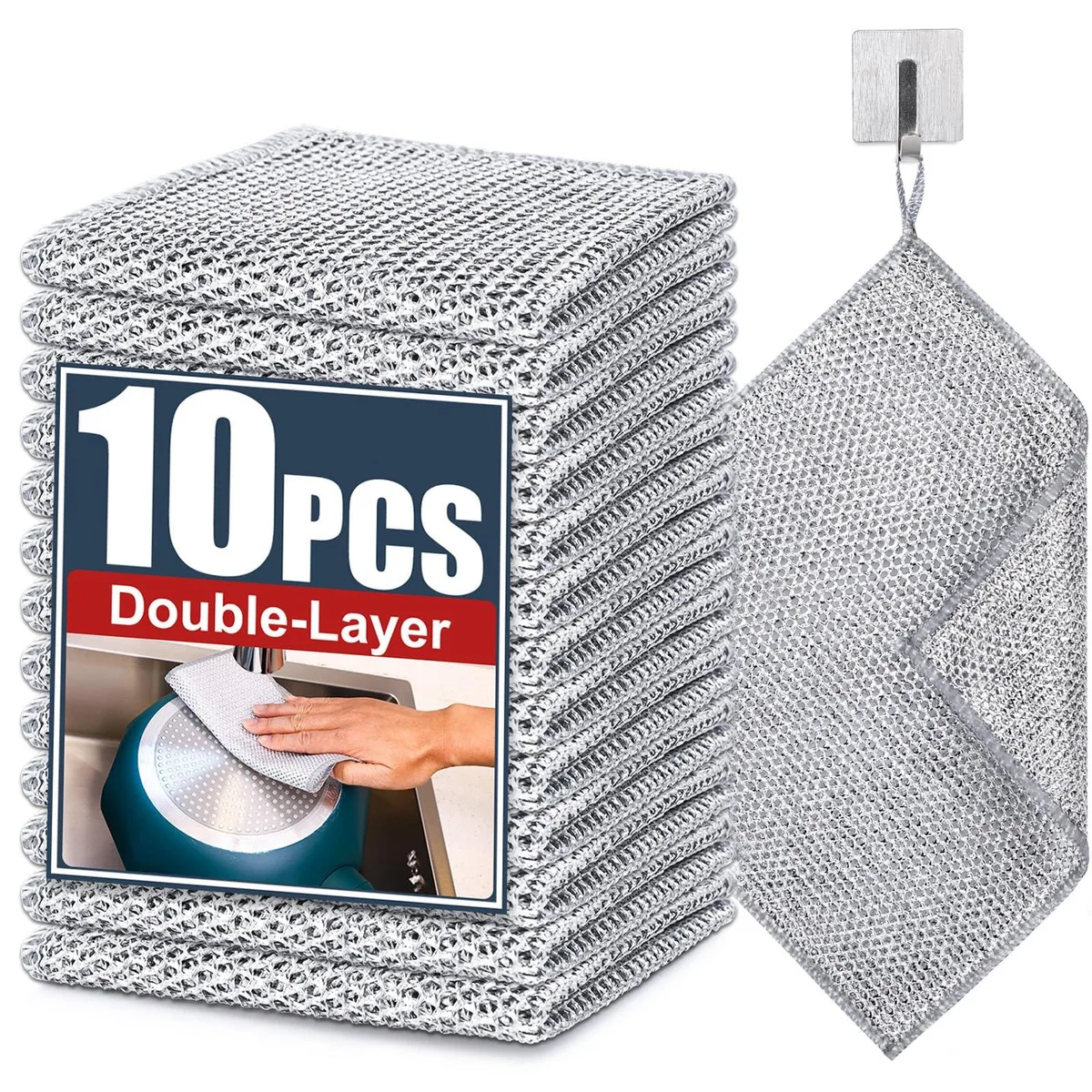 Ten square white double-layer steel-wire cloths each with a hanging loop