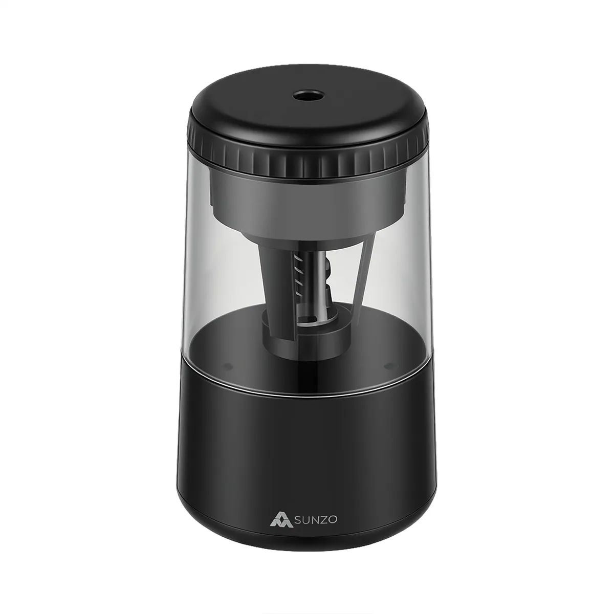 Black electric pencil sharpener, compact rectangular shape, matte finish
