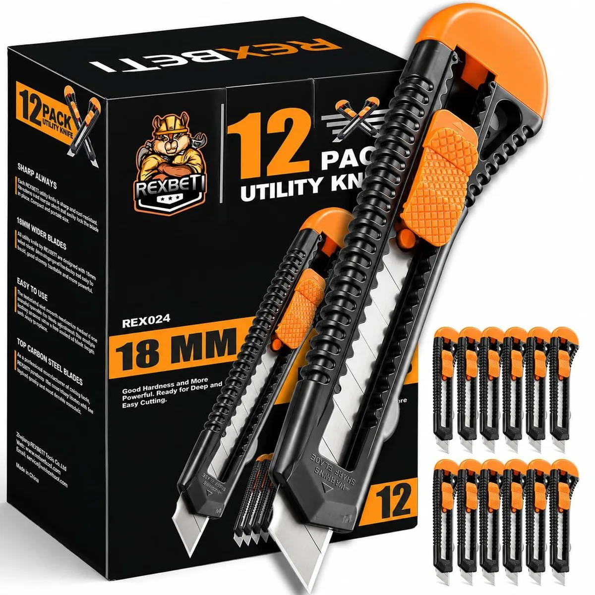 REXBETI 12-pack 18mm snap-off utility knives general craft — product photo
