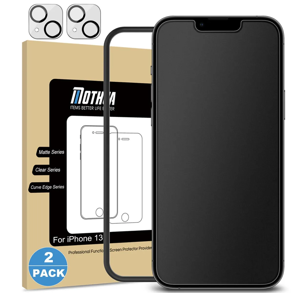  Mothca Matte Glass Screen Protector 2 Pack for iPhone 13 6.1 inch with Camera Lens Protector — product photo