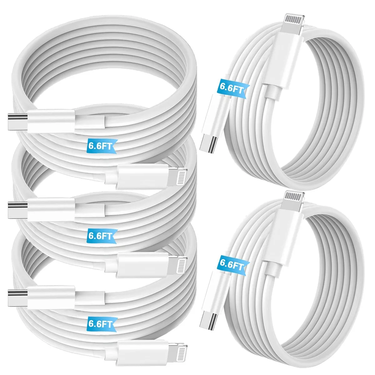 Five white USB-C to Lightning cables coiled together, 6.6 feet each
