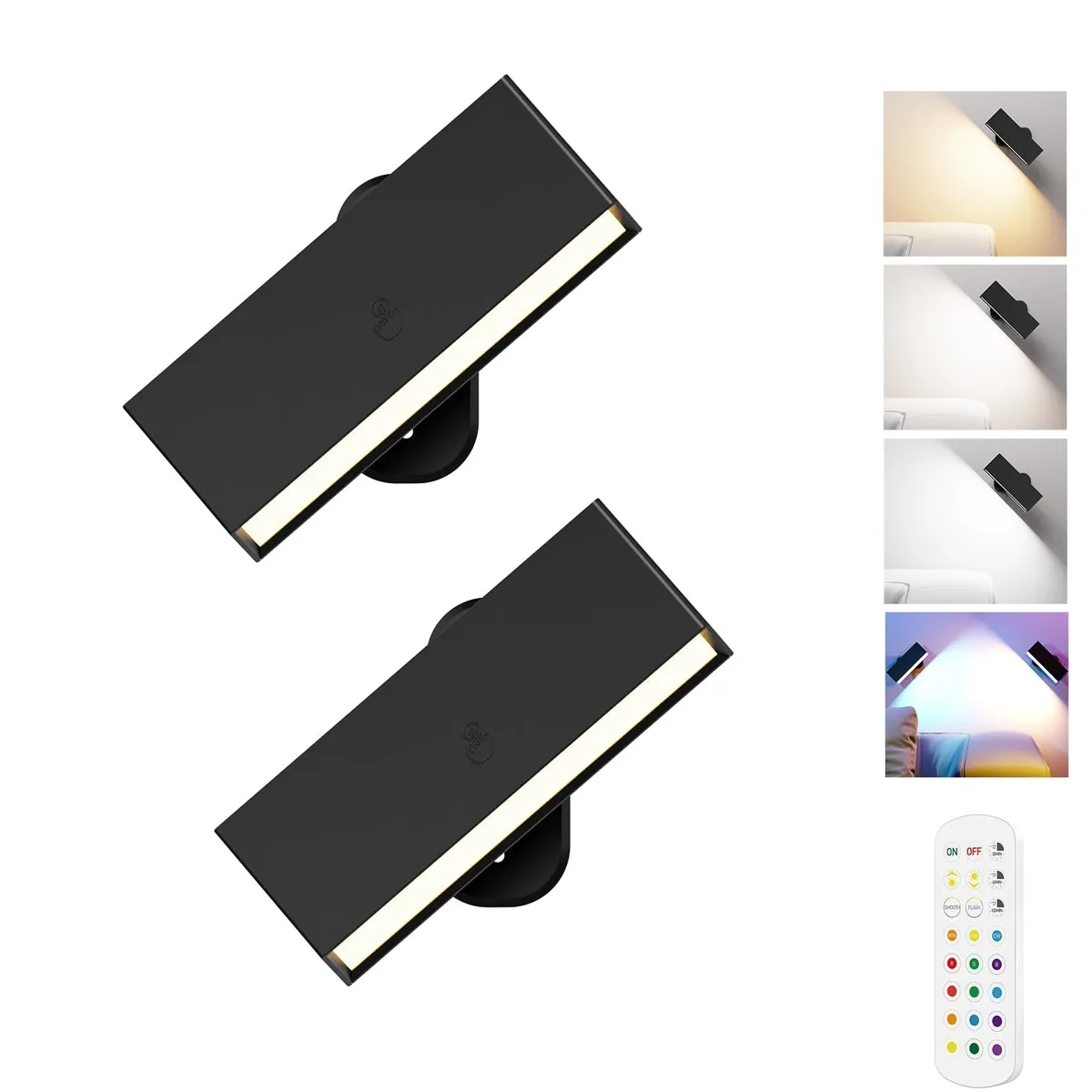 Two black metal LED wall lights with magnetic ball mounts and remote control