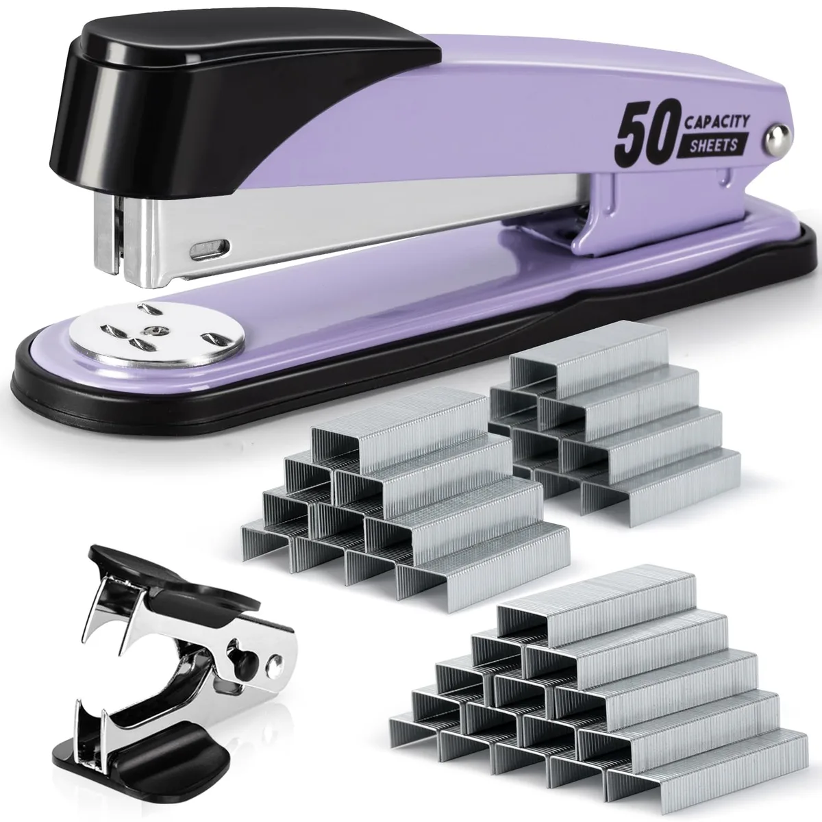 Purple metal and ABS heavy-duty stapler with staple remover and staple boxes