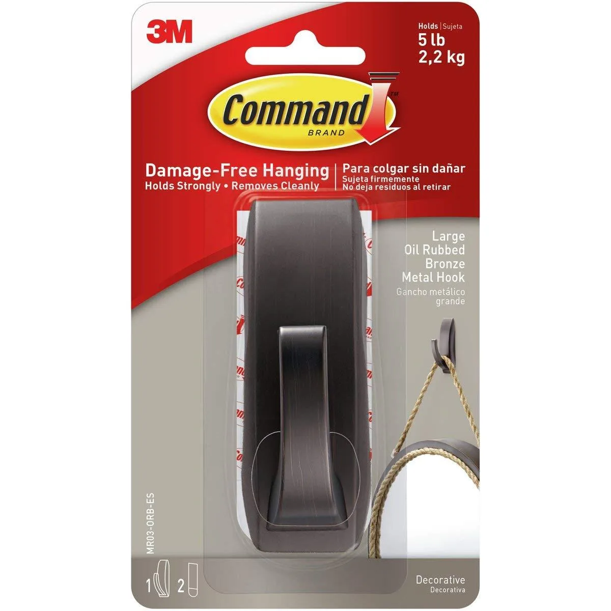 A single oil-rubbed bronze metal hook with two adhesive strips