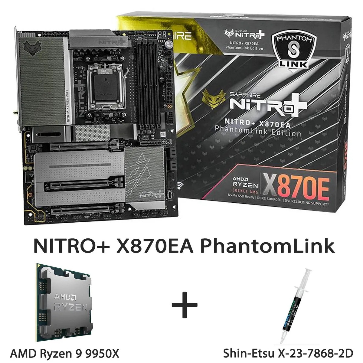 Sapphire Tech Sapphire Tech NITRO+ X870EA PhantomLink AM5 ATX AMD motherboard + Ryzen 9 9950X 16-core — product photo