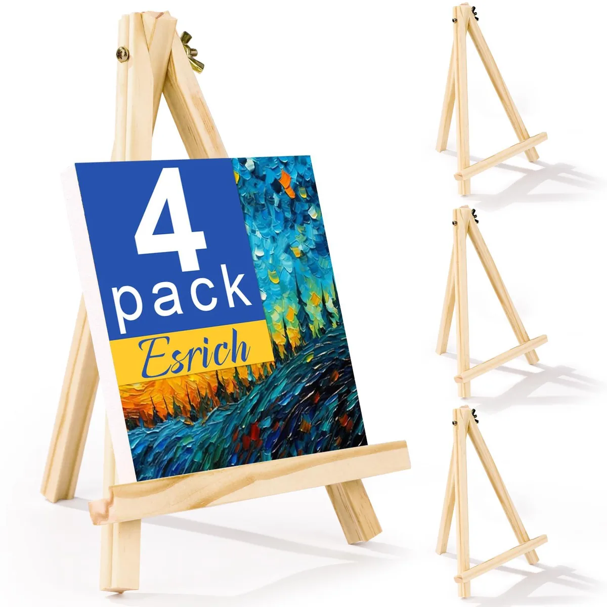 Four wooden tabletop easels, 9 inches high, natural finish, folded flat