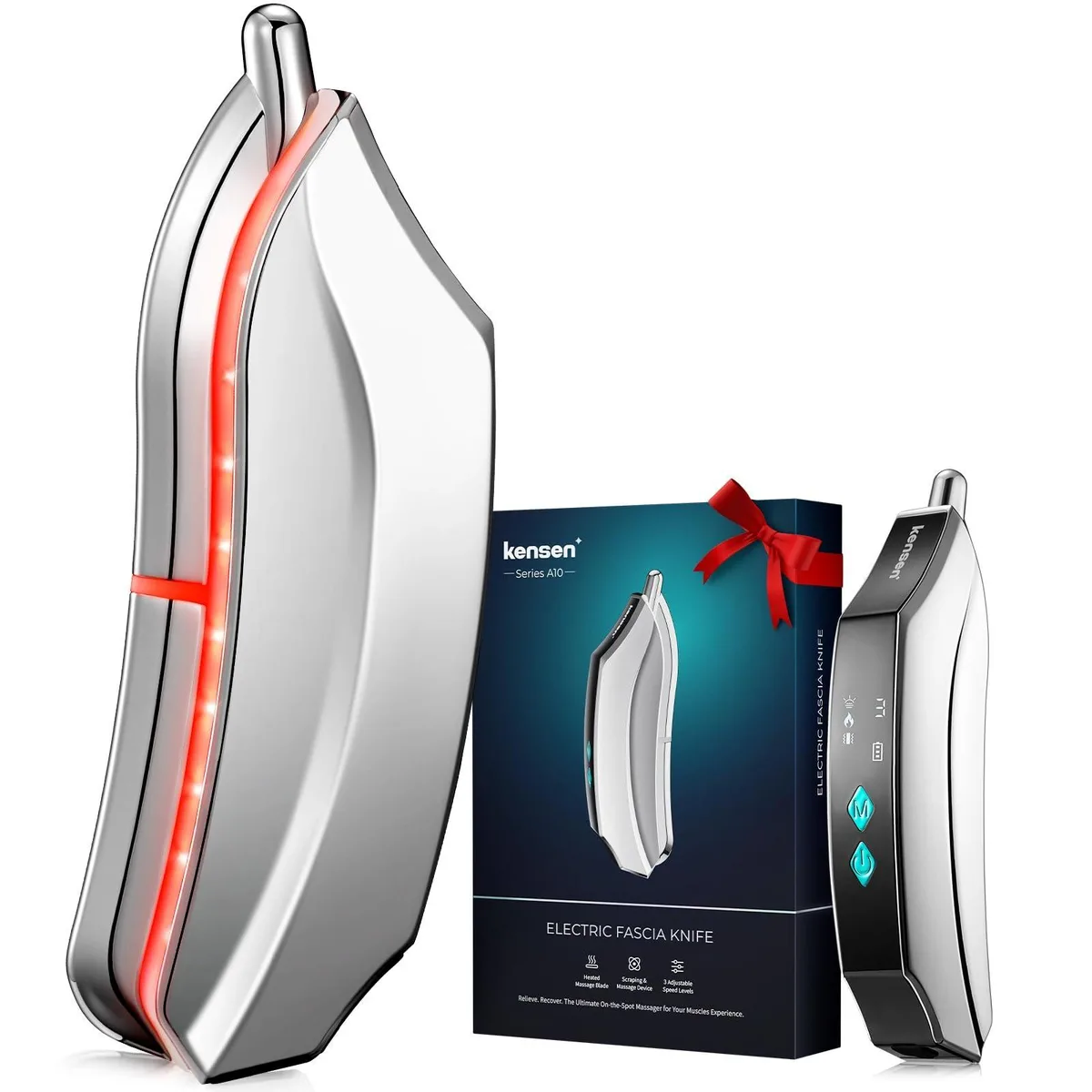 Blue heated muscle scraper with stainless steel edge, ergonomic handle, LED indicators