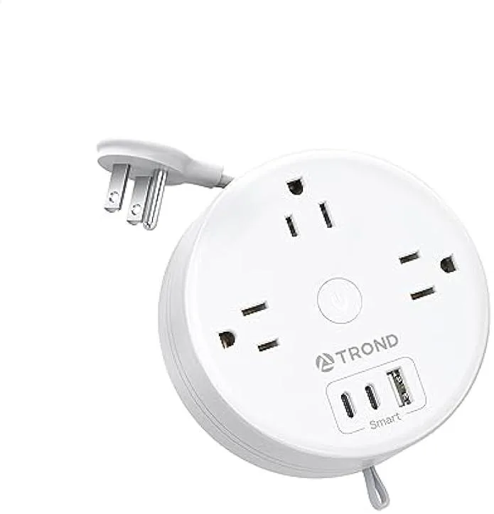 TAURKENAM TAURKENAM 6-in-1 Retractable Power Adapter with 3 AC 2 USB-C 1 USB-A White — product photo