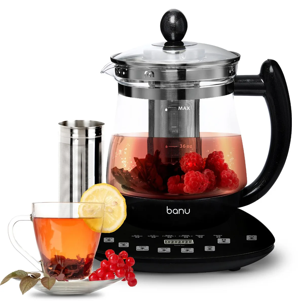 BANU Smart Tea Pot electric kettle, sleek modern design with glass body and stainless steel base