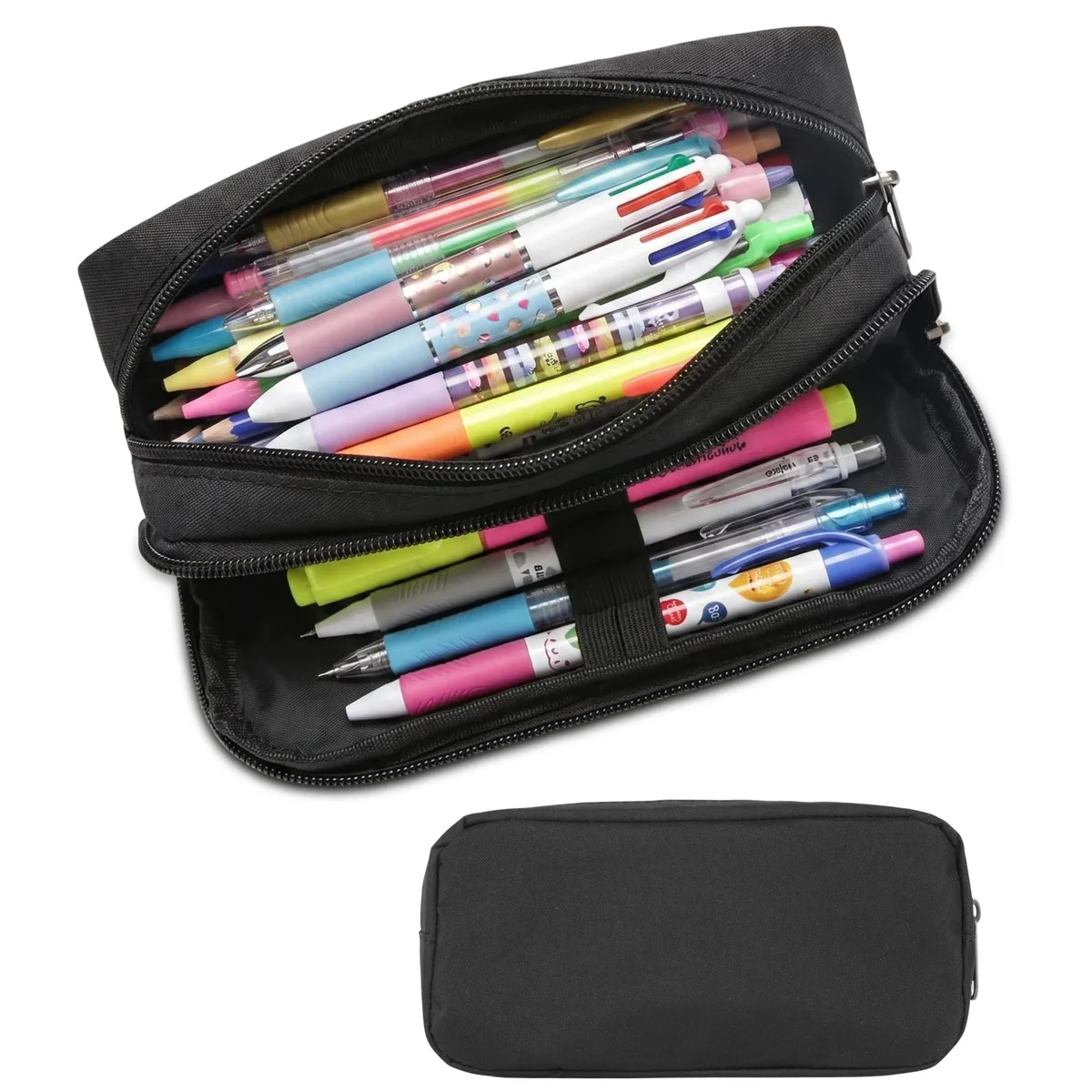 Black polyester pencil pouch with two zip compartments and a front pocket, rectangular shape, lightweight fabric finish
