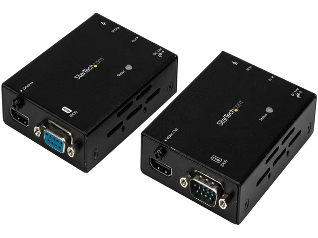 Two small steel-and-plastic boxes, one transmitter and one receiver, each with HDMI, RJ-45, serial and 3.5 mm ports