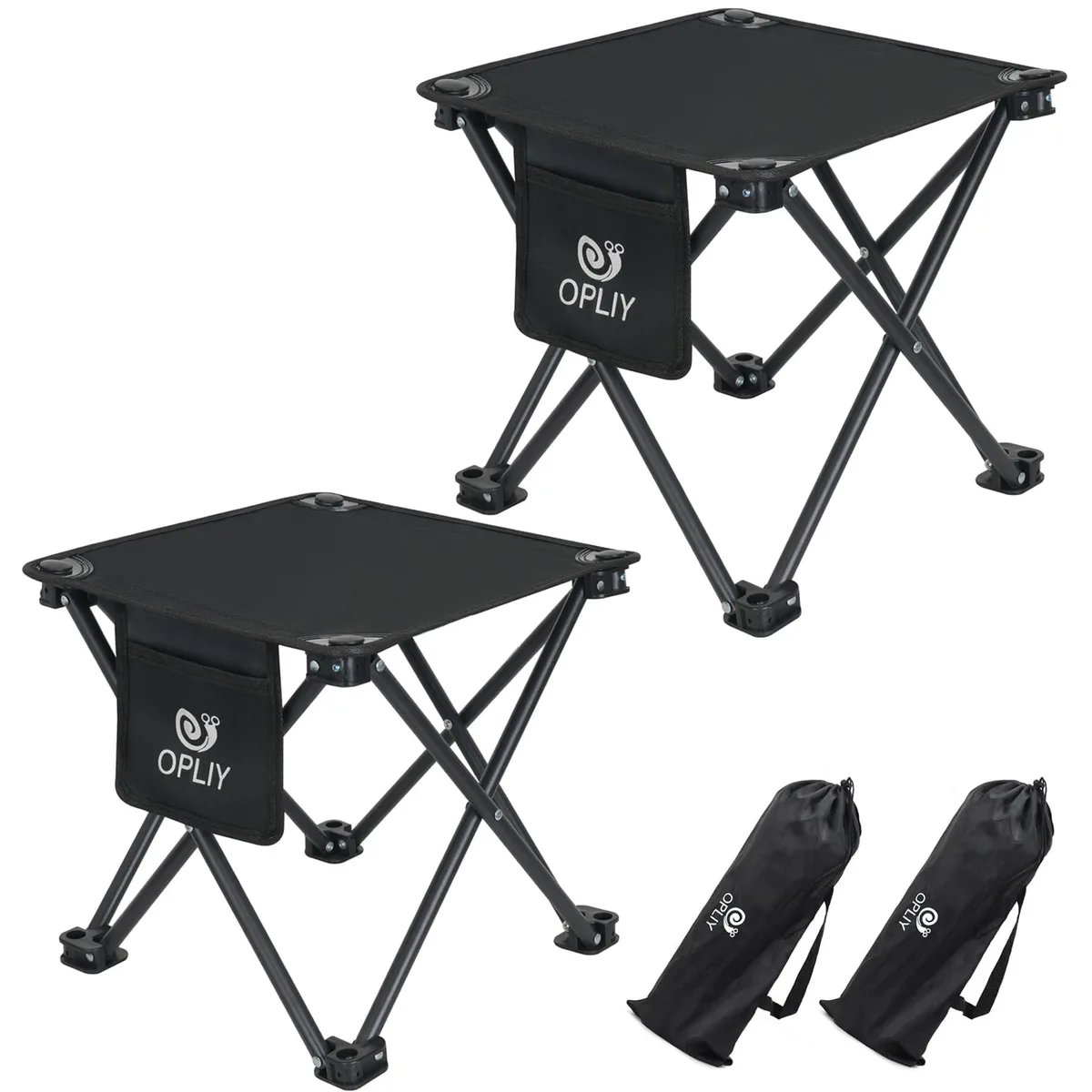 Two black folding stools with steel frames and Oxford cloth seats, shown folded and unfolded with carry bag